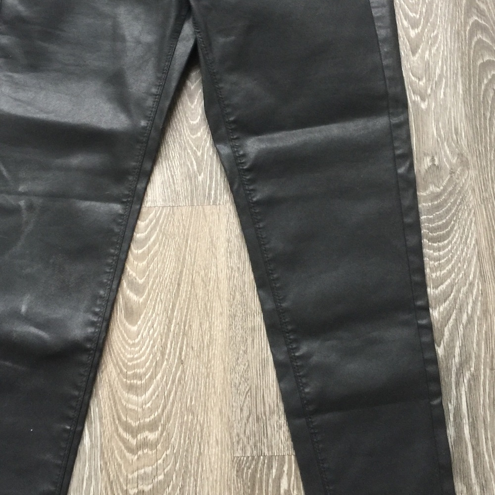 Black faux leather jeggings.